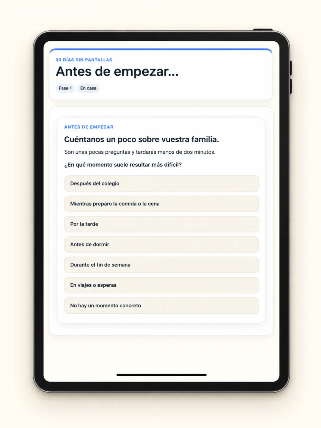Pantalla de onboarding — Antes de empezar, cuéntanos un poco sobre vuestra familia